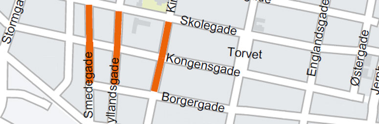 Kort, der markerer gaderne, Kirkegade, Jyllandsgade og Smedegade.
